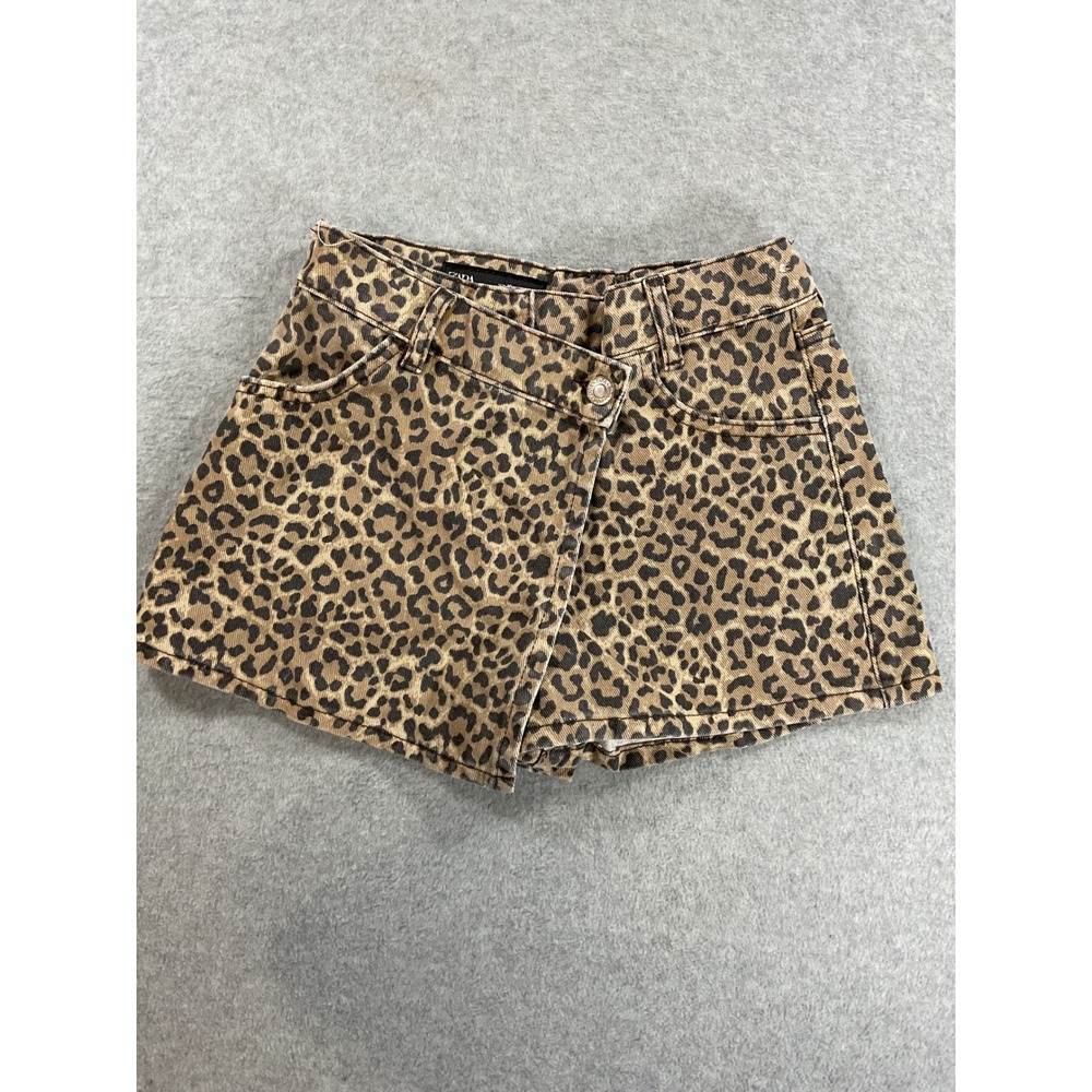 Zara Girls Leopard Print Denim Skort Size 10 Animal Print Wrap Front Skort 2431